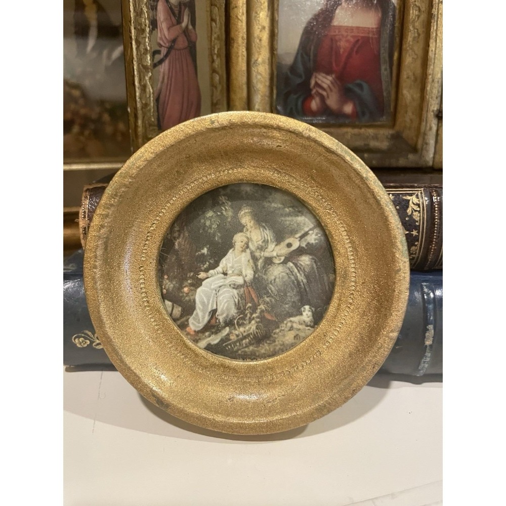 Vtgโ Italian Florentine Italy Music Lesson II Gold Gilt Wood 3" Mini Wall Plaque
